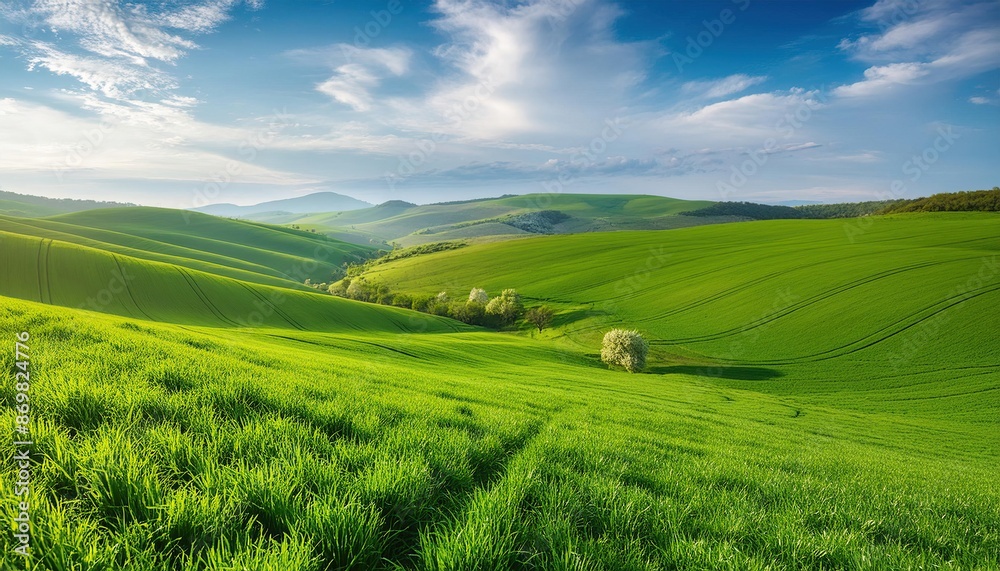 Naklejka premium Fresh green fields in spring with a blue sky backdrop on a hill 