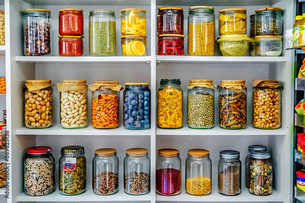 A shelf full of glass jars with various spices and herbs, generative ai image. A shelf full of glass jars with various spices and herbs, generative ai image.