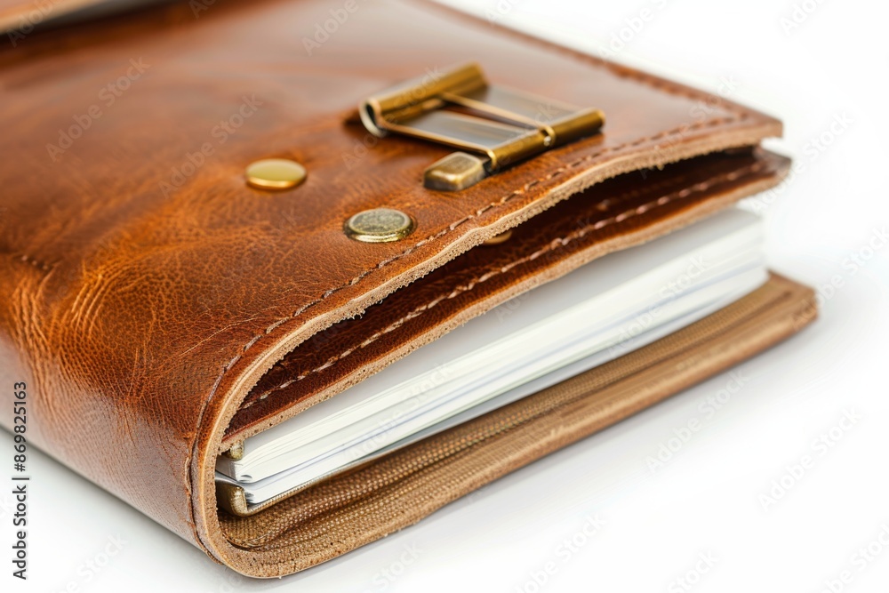 A close-up shot of a high-quality leather document organizer paired with a small notebook, set against a clean white background. Perfect for office or study organization. A close-up shot of a high-quality leather document organizer paired with a small notebook, set against a clean white background. Perfect for office or study organization.