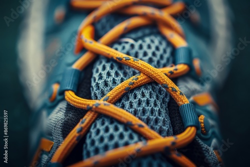 A detailed view of the intricate laces on a pair of running shoes, showcasing the texture and weave of the material. The laces are tightened to a perfect knot, ready for a runner to hit the road.