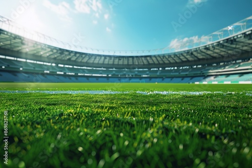 A panoramic view of an empty soccer stadium, with perfectly mowed grass. Hyper realistic. Shot with canon 5d Mark III --ar 3:2 --style raw Job ID: 6067e00d-11a2-4243-9ad9-094dba65d082