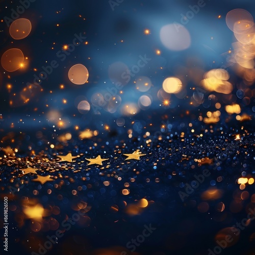 Shiny golden stars on navy blue background. Holiday confetti on New Year's Eve bokeh wallpaper, Christmas, beautiful wallpaper.