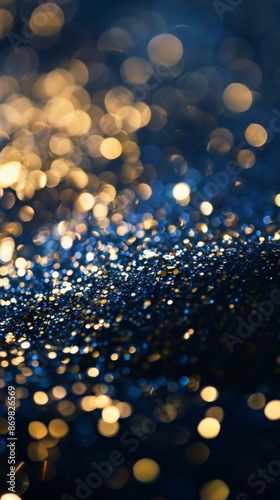 Shiny golden stars on navy blue background. Holiday confetti on New Year's Eve bokeh wallpaper, Christmas, beautiful wallpaper.