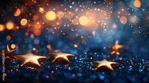 Shiny golden stars on navy blue background. Holiday confetti on New Year's Eve bokeh wallpaper, Christmas, beautiful wallpaper.