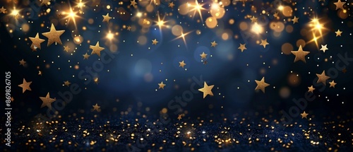 Shiny golden stars on navy blue background. Holiday confetti on New Year's Eve bokeh wallpaper, Christmas, beautiful wallpaper.