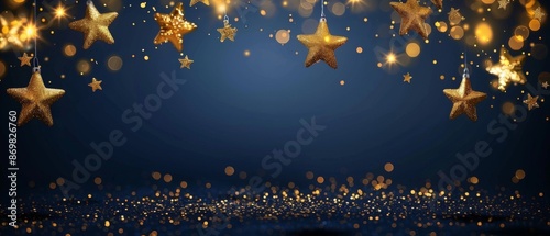 Shiny golden stars on navy blue background. Holiday confetti on New Year's Eve bokeh wallpaper, Christmas, beautiful wallpaper.