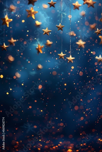 Shiny golden stars on navy blue background. Holiday confetti on New Year's Eve bokeh wallpaper, Christmas, beautiful wallpaper.