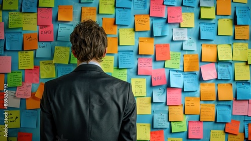 Businessman Analyzing Sticky Notes on Wall - A businessman in a suit examines a wall covered with colorful sticky notes, brainstorming and organizing ideas for a project.