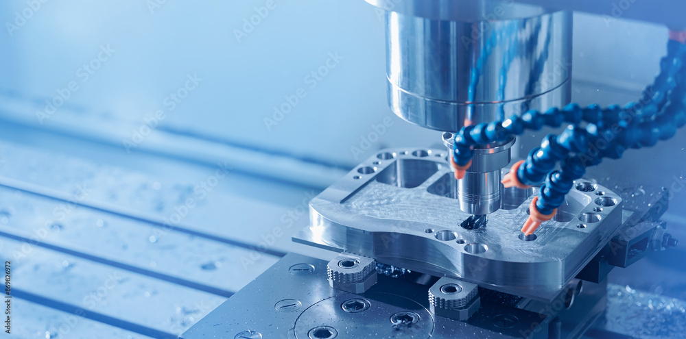 Banner industry CNC, cutting process milling machine working injection mold part by mill tool, blue light toning Banner industry CNC, cutting process milling machine working injection mold part by mill tool, blue light toning