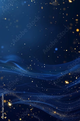 Shiny golden stars on navy blue background. Holiday confetti on New Year's Eve bokeh wallpaper, Christmas, beautiful wallpaper.