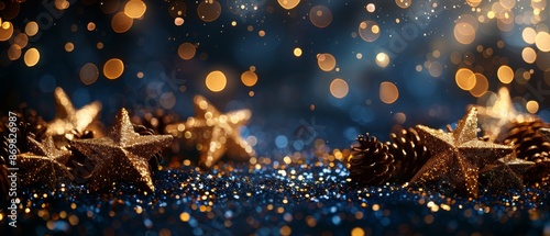 Shiny golden stars on navy blue background. Holiday confetti on New Year's Eve bokeh wallpaper, Christmas, beautiful wallpaper.