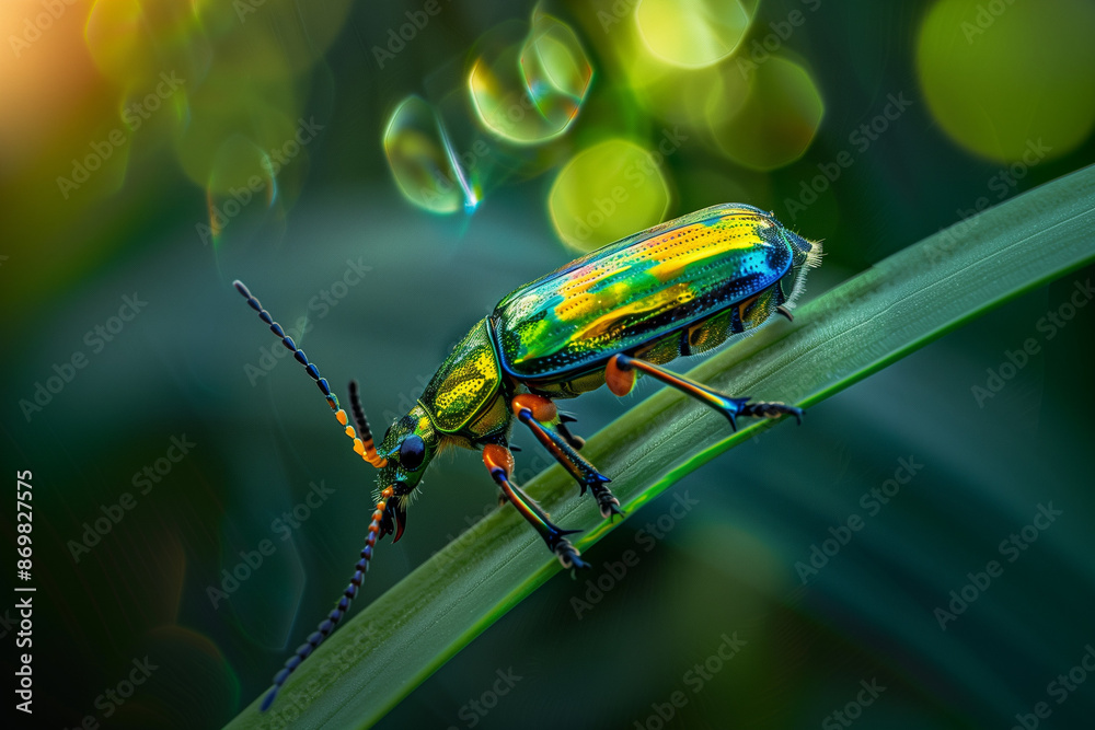 Beetle Iridescent Green and Yellow Close-Up on Leaf Macro Photography Beetle Iridescent Green and Yellow Close-Up on Leaf Macro Photography