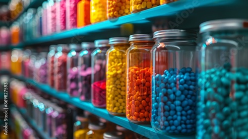 Colorful plastic or glass bottles adorning pharmacy shelves with medicines inside. © Evandro