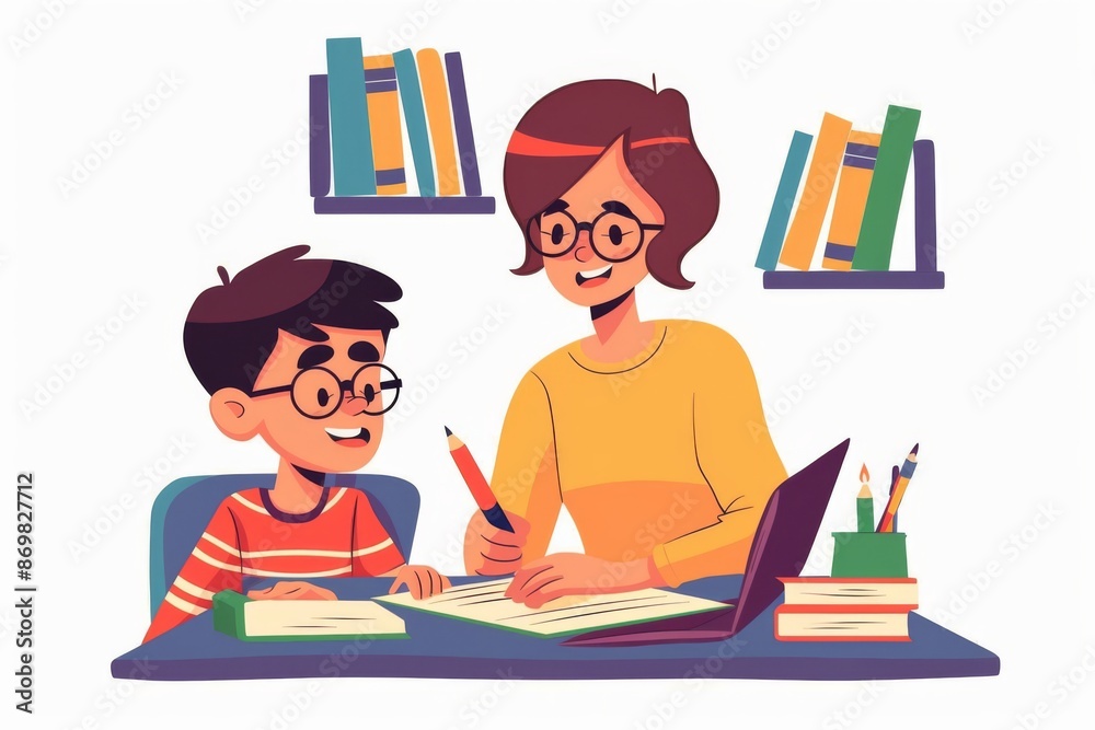 A teacher helping a student with a big smile on their face as they work on a project together in the school library. A teacher helping a student with a big smile on their face as they work on a project together in the school library.