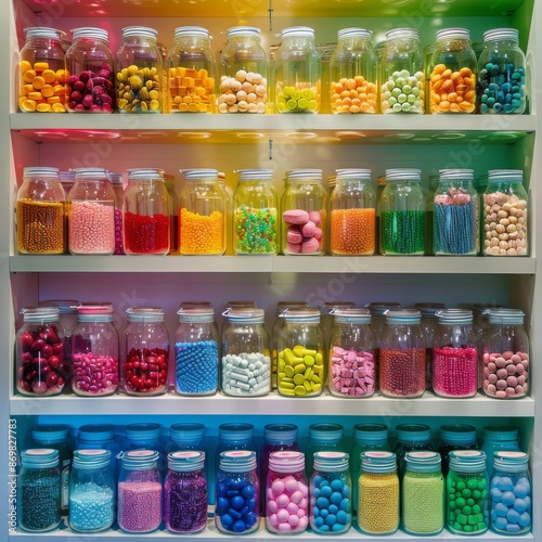 Wallpaper Mural Colorful plastic or glass bottles adorning pharmacy shelves with medicines inside. Torontodigital.ca