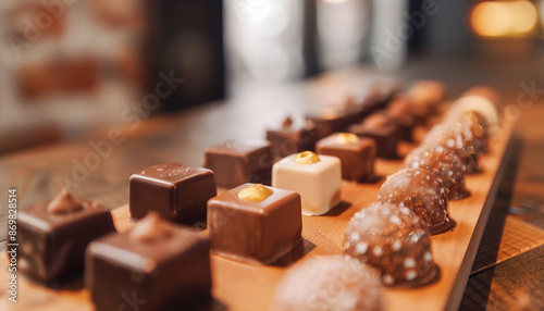 Close-up of rows of chocolate candies at a chocolaterie