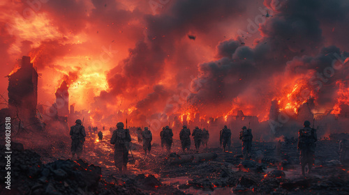 Soldiers in the battle area, fire, explosions in the background 