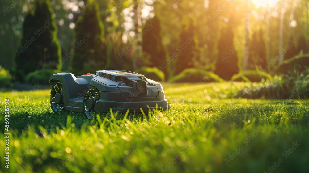 Eco-Friendly Autonomous Lawn Mower on a Sunny Day, Perfect for Modern Gardens and Landscapes Eco-Friendly Autonomous Lawn Mower on a Sunny Day, Perfect for Modern Gardens and Landscapes