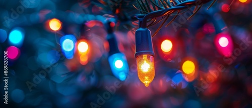 Abstract string of colorful Christmas lights. Holiday wallpaper. Background glowing celebration lamps.