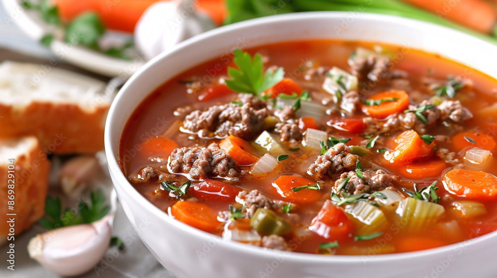 A close-up of a bowl of vegetable beef soup, filled with chunks of beef, carrots, celery, and garnished with fresh herbs, accompanied by slices of bread and garlic in the background A close-up of a bowl of vegetable beef soup, filled with chunks of beef, carrots, celery, and garnished with fresh herbs, accompanied by slices of bread and garlic in the background