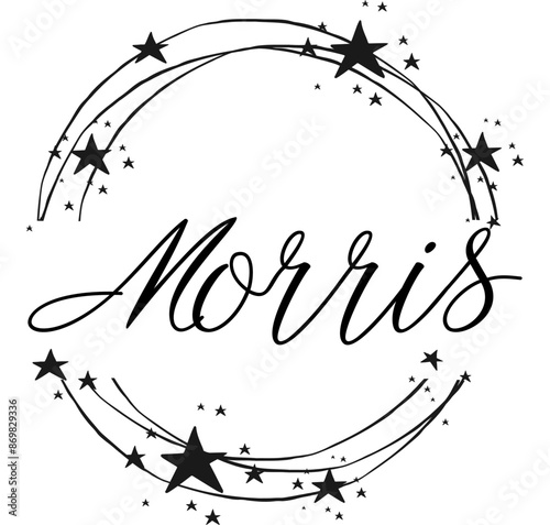 Morris - nome scritto tra cerchi e stelle, logo rotondo, grafica vettoriale per feste e periodo natalizio, banner, cartoline, felpa, stampe, cricut, silhouette, sublimazione