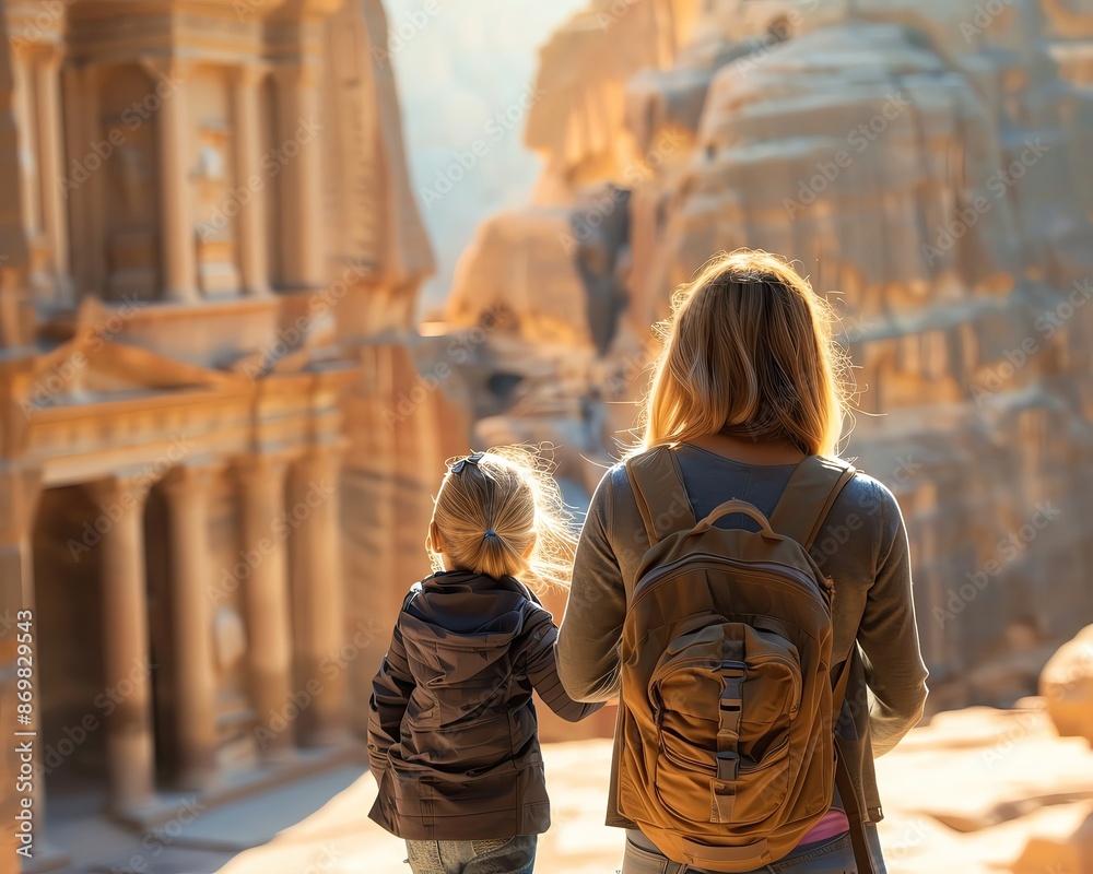 Fototapeta premium A mother and daughter exploring the ancient city of Petra, Jordan, with backpacks, showcasing adventure, travel, and historical tourism.
