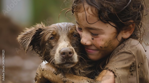 A joyful child and their furry dog are covered in mud, sharing a loving embrace in an outdoor setting, radiating happiness and playfulness.