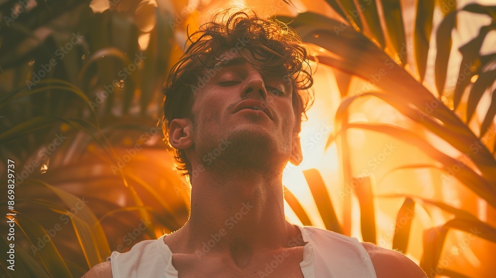 Close-up of a white man in a tropical environment with warm colors and a dreamlike effect. A man among green foliage under dramatic lighting. Close-up of a white man in a tropical environment with warm colors and a dreamlike effect. A man among green foliage under dramatic lighting.