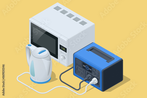 Isolated portable home battery designed for home backup, microwave oven and kettle. Home backup solution. Portable power supply battery to use for camping, fishing, hunting or during power outages.
