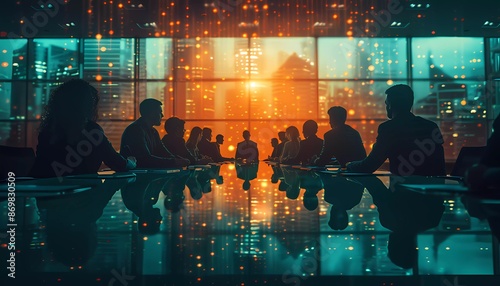 Governance and Compliance Strategy, boardroom meeting with icons of governance frameworks, compliance policies,