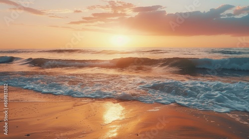 An enchanting scene of a beach during sunset, with golden hues illuminating the sky and waves gently crashing against the sandy shore, creating a serene and calming atmosphere.