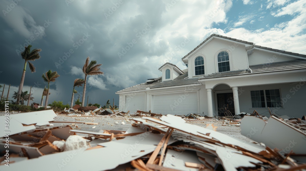 Naklejka premium Florida storm causing significant damage to a luxury home in an affluent neighborhood