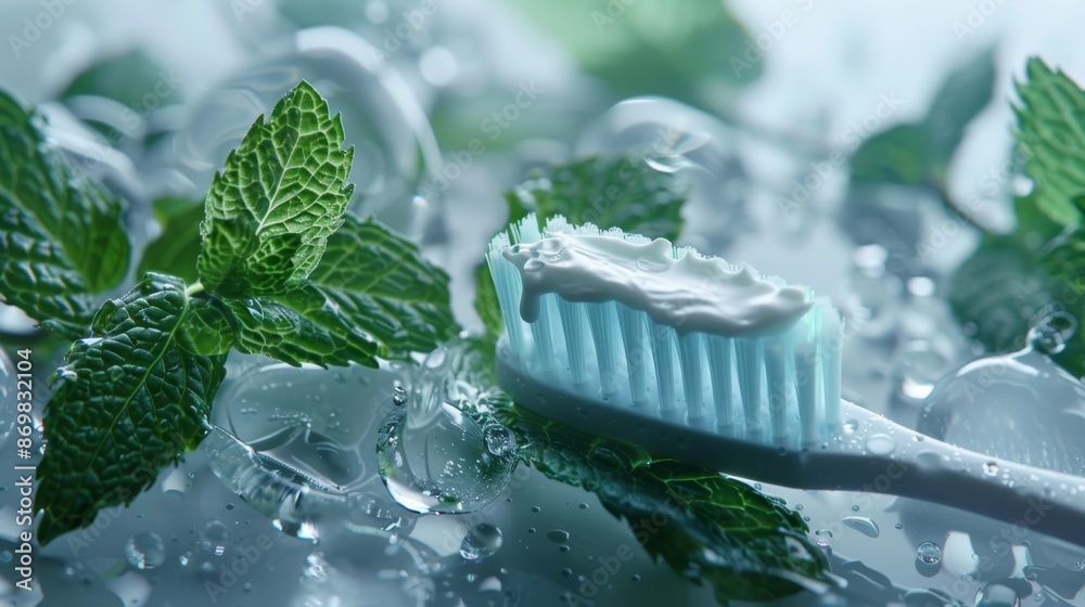 Fresh Mint Toothpaste on Toothbrush with Water Droplets - Ideal for Refreshing Dental Care Designs Fresh Mint Toothpaste on Toothbrush with Water Droplets - Ideal for Refreshing Dental Care Designs