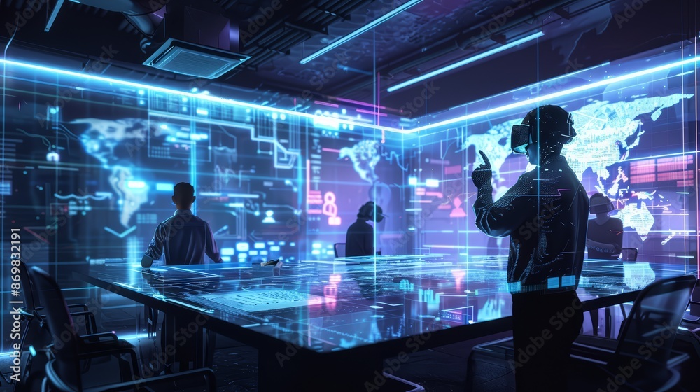 Obraz premium A business tech illustration of an engineer conducting a virtual meeting