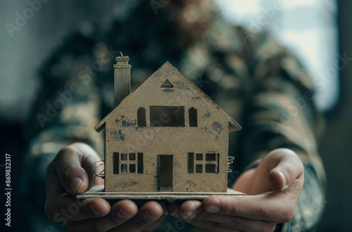 Soldier holding in his hands a model house made of carboard. 

