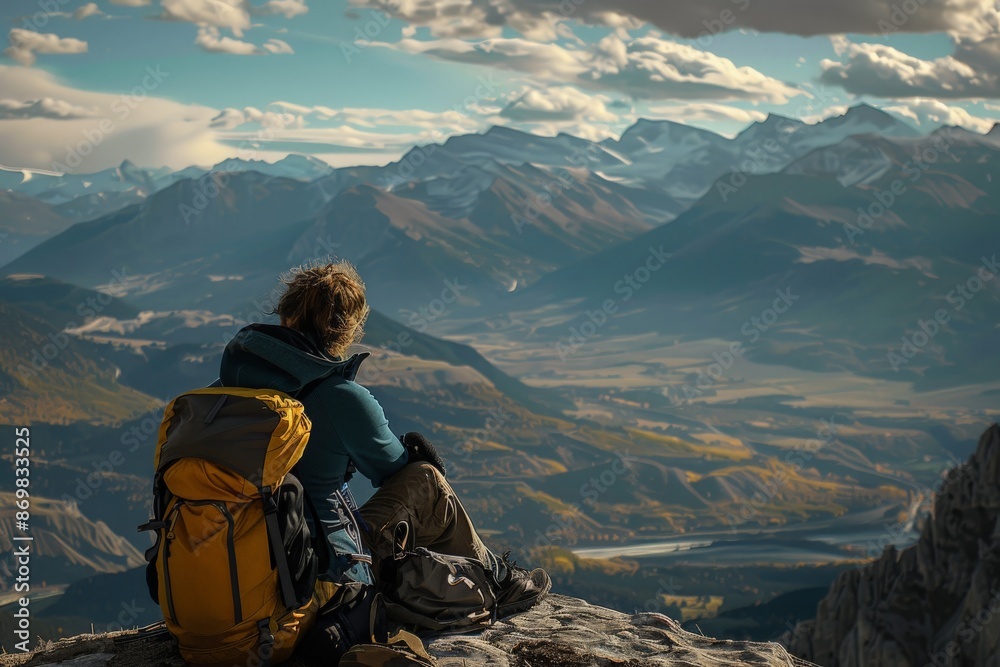 Fototapeta premium Backpacker resting at a mountain viewpoint, with their gear beside them and a breathtaking view of valleys and peaks stretching out below, capturing a moment of reflection and wonder