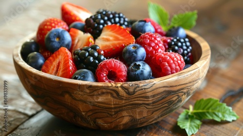 A vibrant mix of berries in a wooden bowl, including strawberries, raspberries, blueberries, and blackberries, with a few leaves for contrast