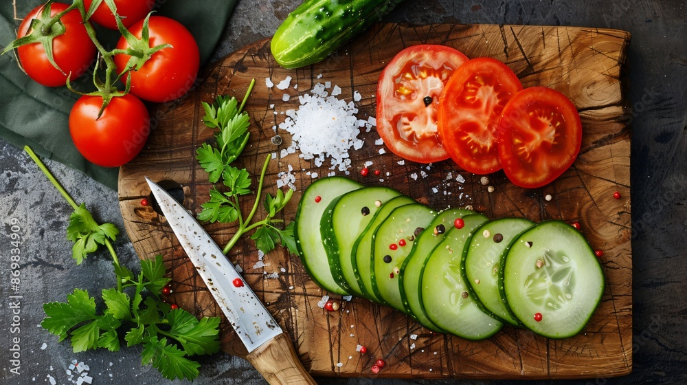 Freshly sliced cucumbers and tomatoes arranged on a wooden cutting board, with a sprinkle of sea salt and a sharp knife beside them Freshly sliced cucumbers and tomatoes arranged on a wooden cutting board, with a sprinkle of sea salt and a sharp knife beside them