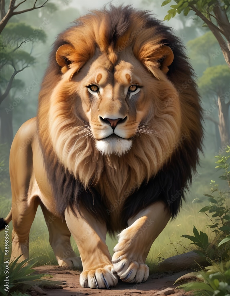 Fototapeta premium In the realm of the forest the lion reigns supreme as the king of beasts and king of the forest