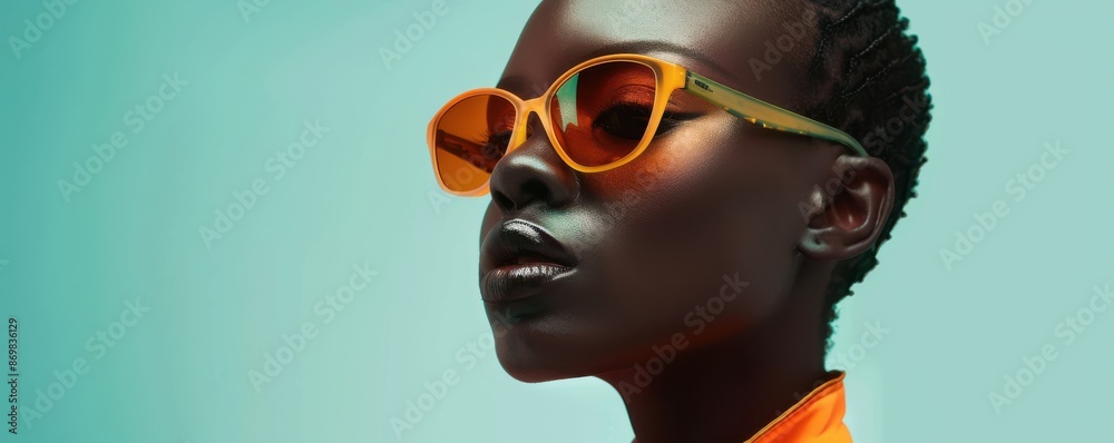 A woman wearing sunglasses and standing in front of a red background. Concept of confidence and style. Free copy space for text.