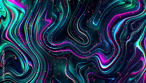 Vibrant abstract composition featuring swirling liquid-like neon lines in shades of blue, pink, and green with scattered glowing particles on a dark background, creating a dynamic and colorful energy