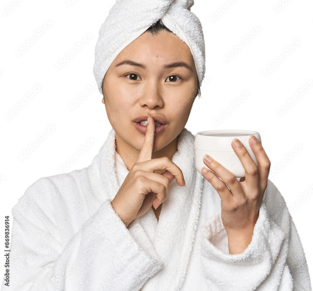 Chinese woman with moisturizer in robe keeping a secret or asking for silence. Chinese woman with moisturizer in robe keeping a secret or asking for silence.