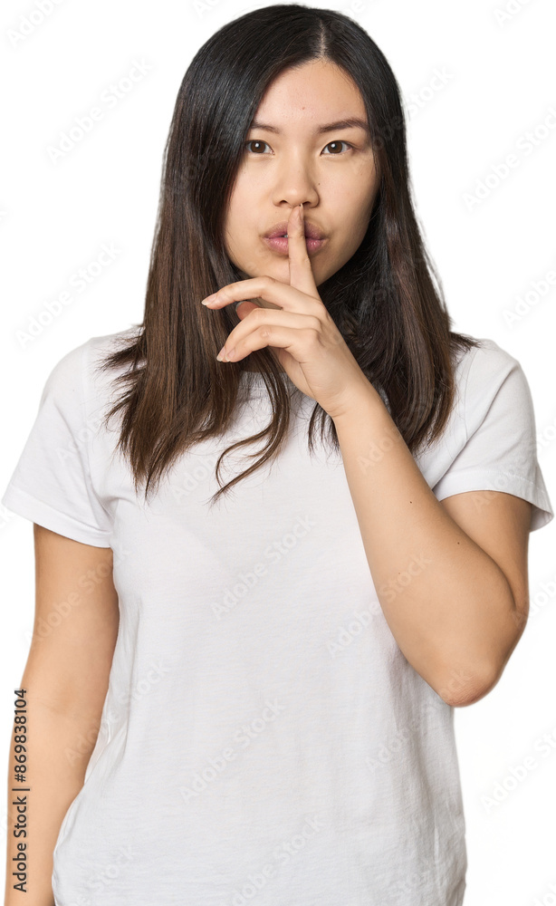 Young Chinese woman keeping a secret or asking for silence. Young Chinese woman keeping a secret or asking for silence.