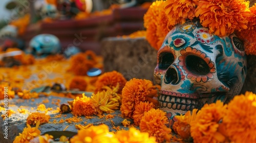 A colorful, elaborately decorated skull surrounded by vibrant marigolds, representing the Mexican holiday Dia de los Muertos or Day of the Dead, honoring deceased loved ones. photo