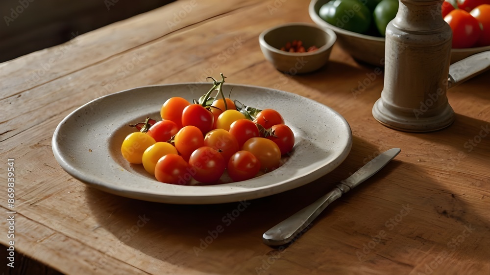 A cinematic photograph of a rustic, wooden table set against a warm, earthy backdrop, featuring a plate that's half-filled with a vibrant, colorful medley of farm-fresh vegetables Generative AI