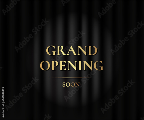 Grand Opening. Luxury banner with black curtain and golden text. Vector illustration