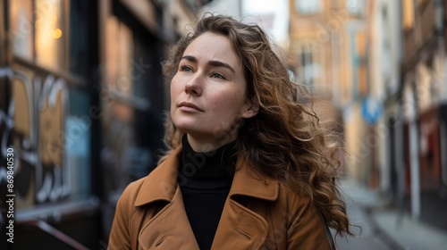 A thoughtful woman with curly blonde hair wearing a brown coat stands in a bustling urban street, capturing the essence of city life and contemplation.