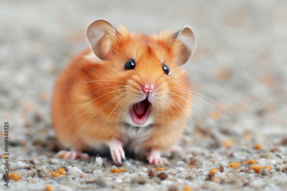 Portrait of a funny scared hamster with his mouth open in surprise.Close-up of a hamster sitting on the carpet and his mouth open in amazement Portrait of a funny scared hamster with his mouth open in surprise.Close-up of a hamster sitting on the carpet and his mouth open in amazement