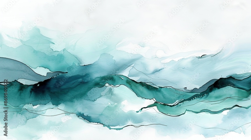 A watercolor depiction of a wave on a white canvas, featuring turquoise and azure tones beneath the crest A watercolor depiction of a wave on a white canvas, featuring turquoise and azure tones beneath the crest