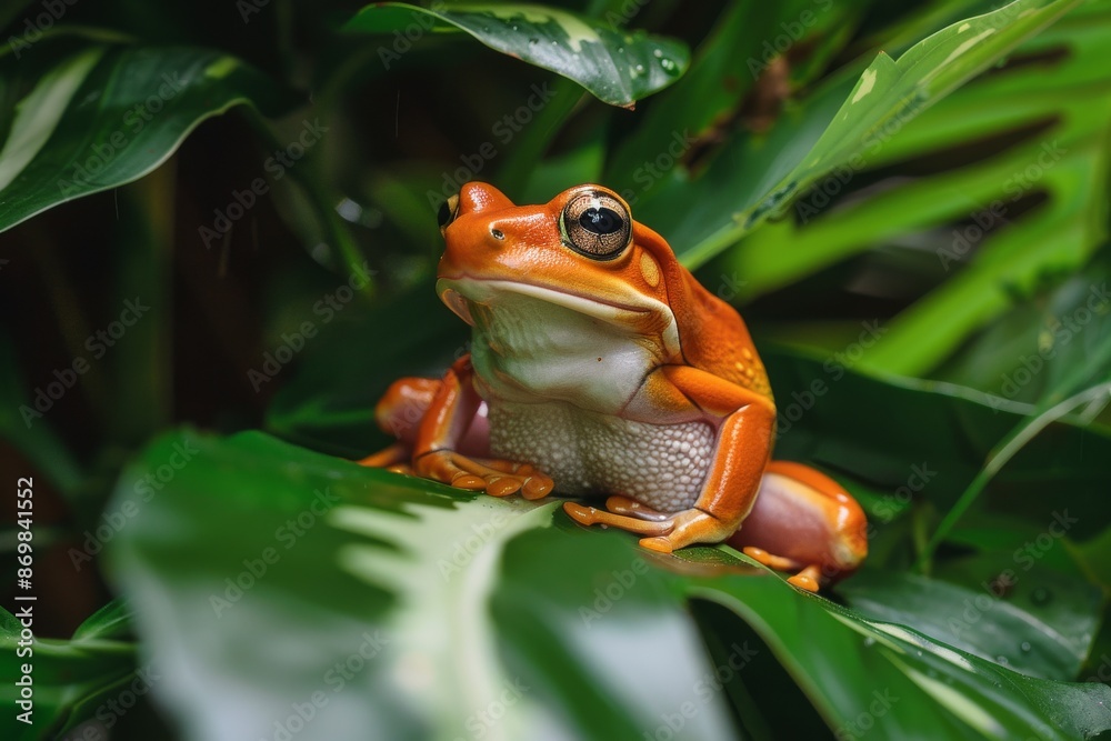 Full body view of Pool Frog on leave in natural habitat, full body shot, full body View Full body view of Pool Frog on leave in natural habitat, full body shot, full body View